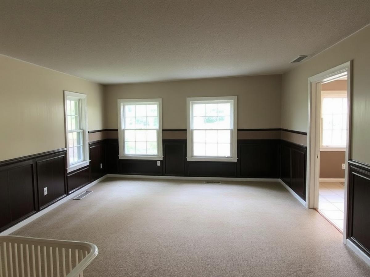 Closed-off living room with beige carpet and dark paneling before remodeling