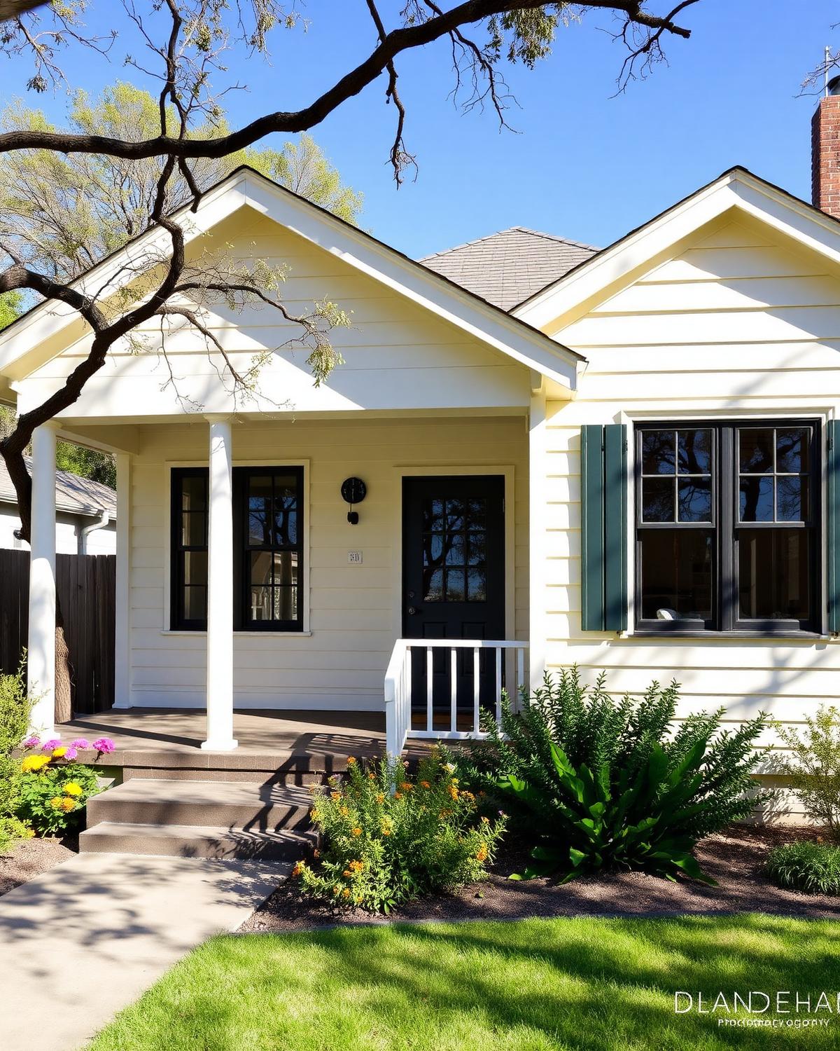 Renovated cream 1940s Austin bungalow with black windows and a deep front porch