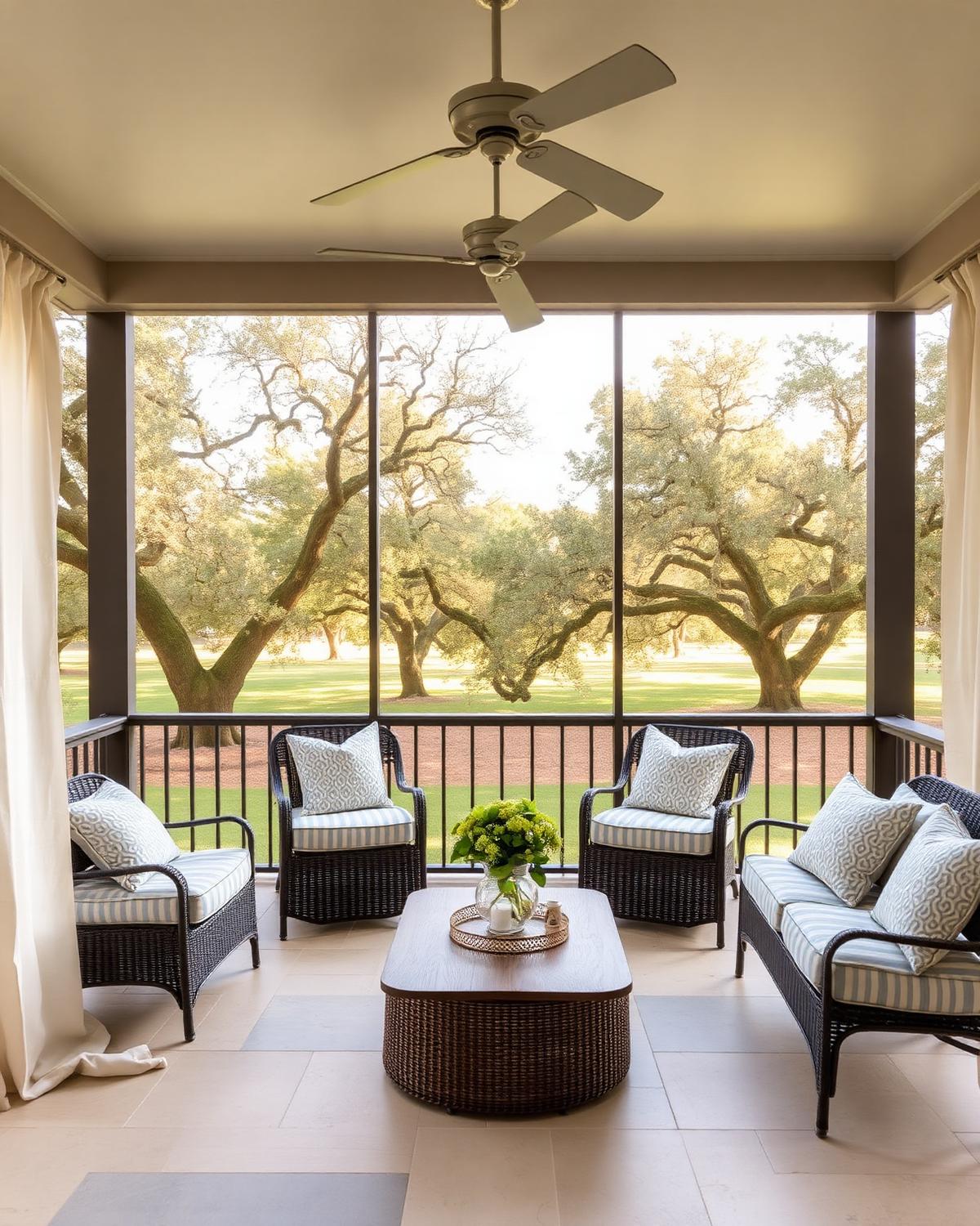 Screened back porch with limestone floor overlooking Hill Country oak trees