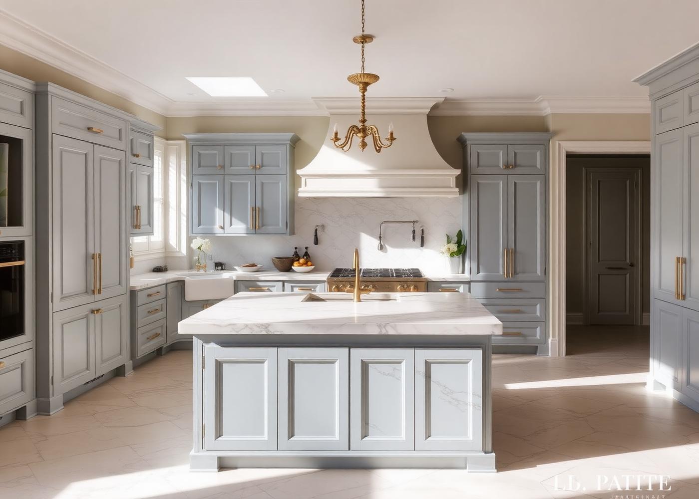 Remodeled kitchen with marble island, dusty blue cabinets and brass fixtures