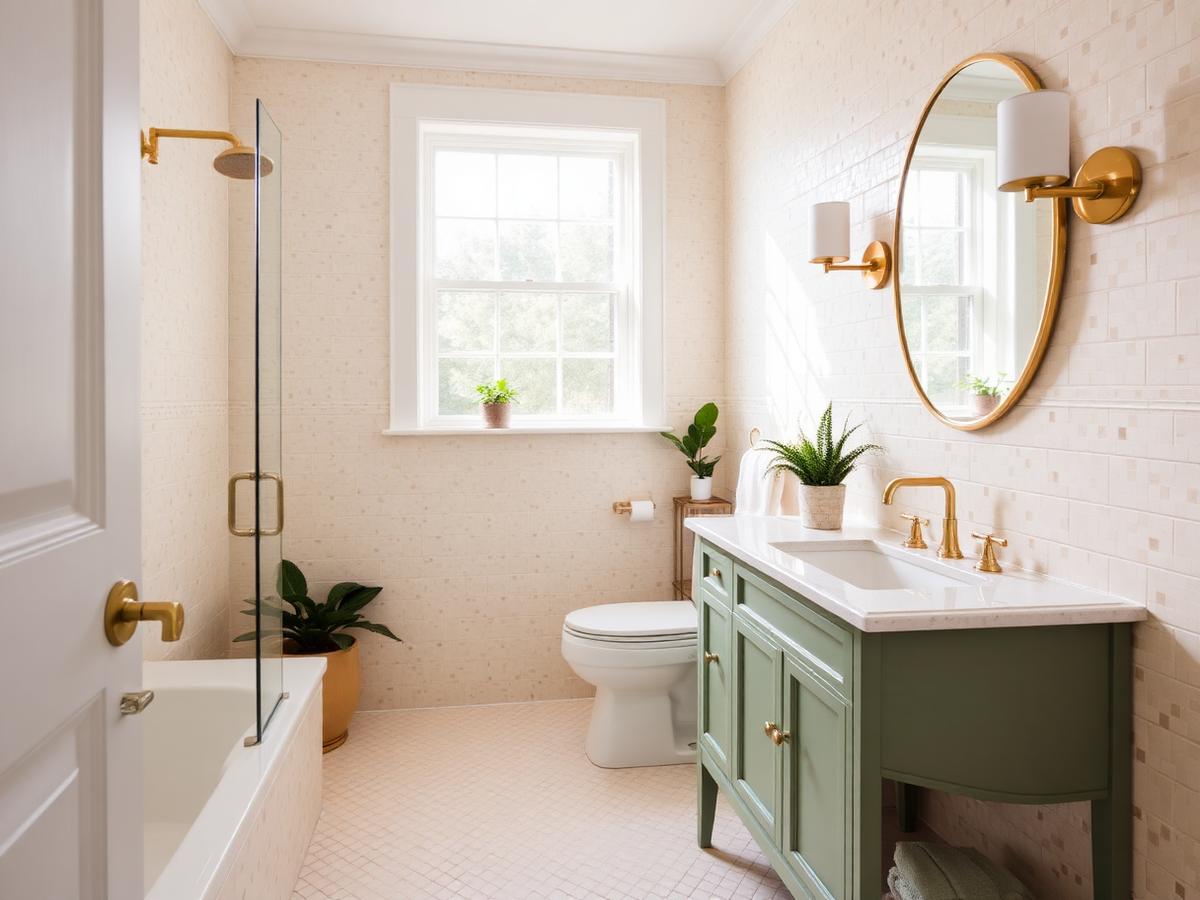 Renovated bathroom with sage green vanity and warm brass fixtures