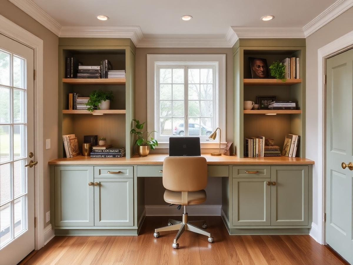 Custom white oak and sage green built-in office millwork