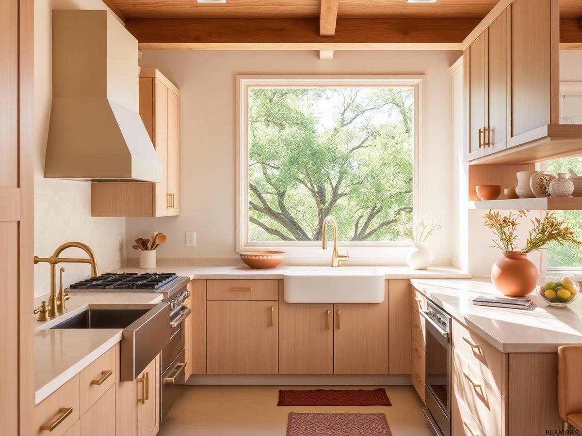 Bright remodeled kitchen with white oak cabinets and brass fixtures