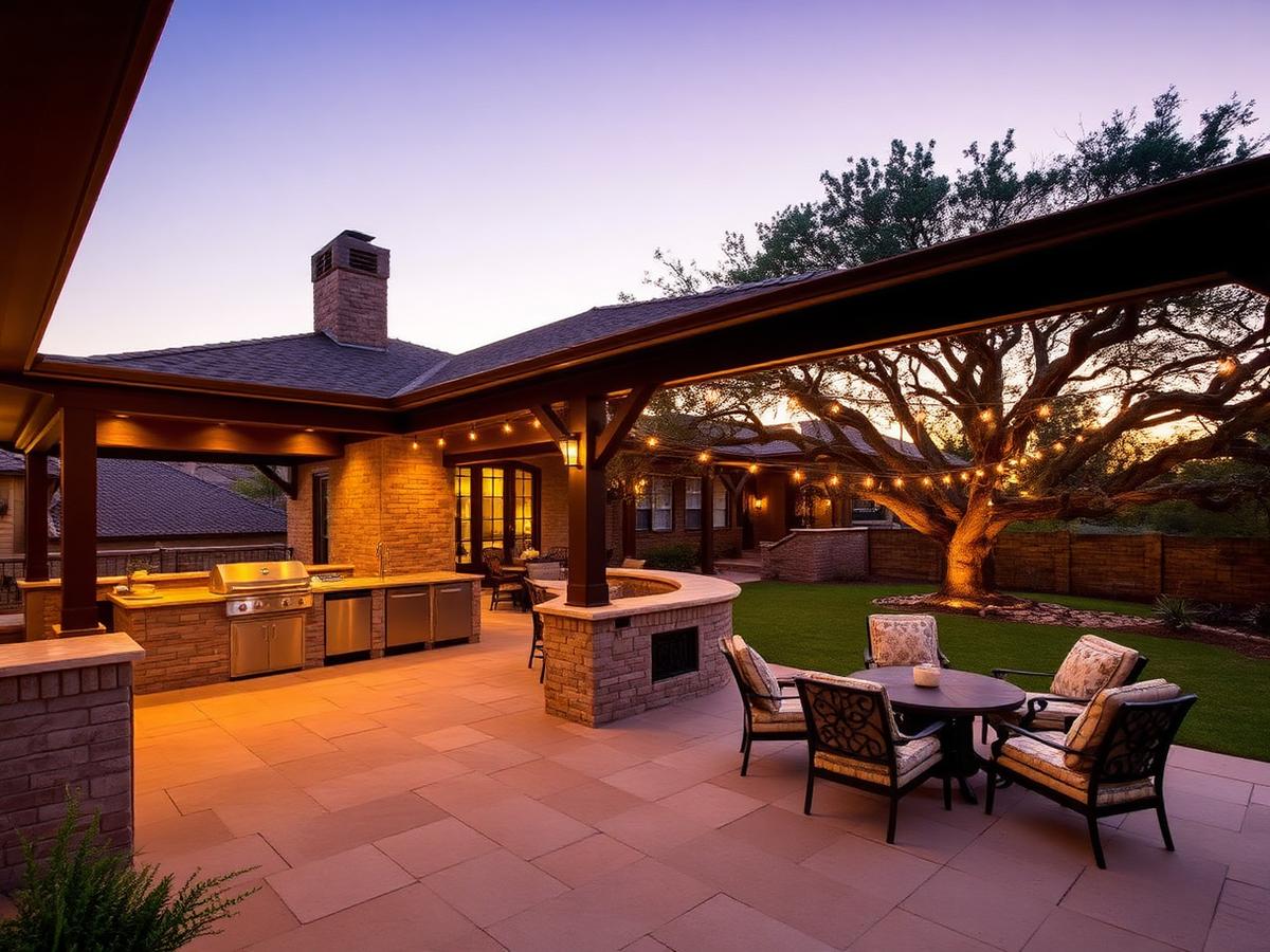 Covered outdoor living space with limestone patio and string lights at dusk