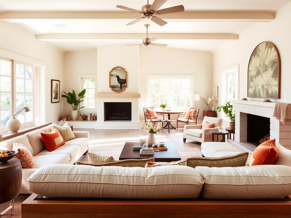 Remodeled open-plan living room with white oak floors and cream plaster walls