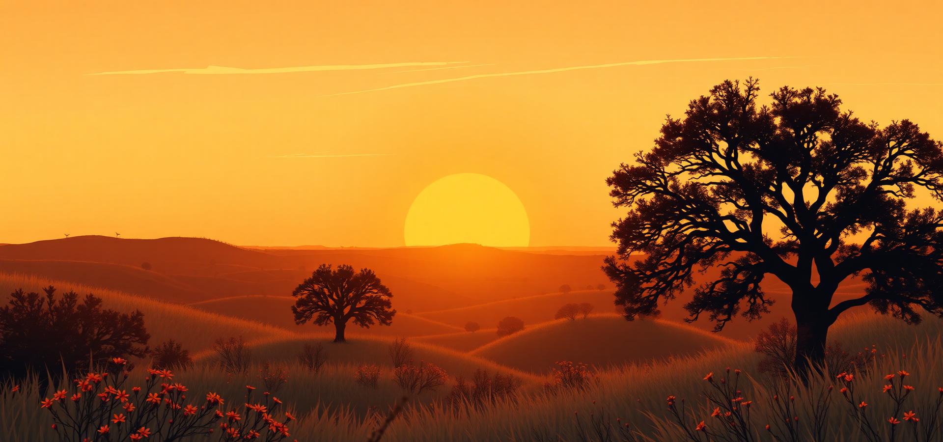 Illustrated Texas Hill Country sunset with live oak silhouettes and wildflowers